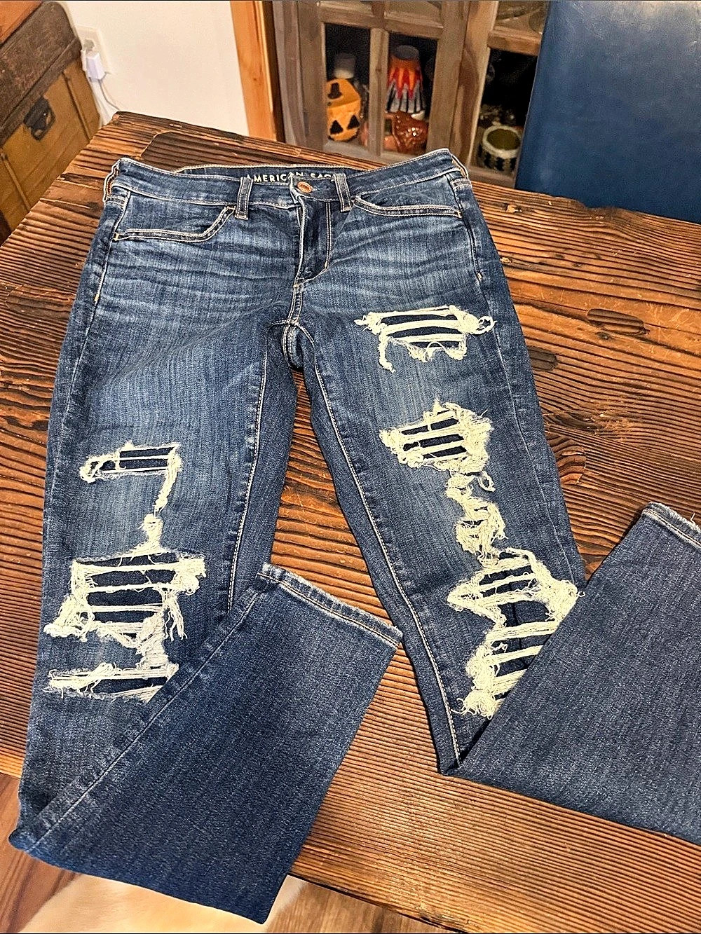 American Eagle Next Level Stretch Distressed Skinny Jeans Blue Waist 6 Short